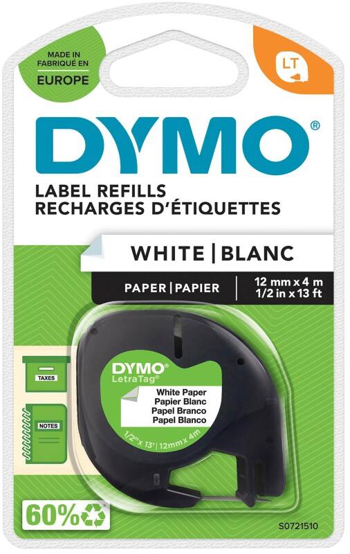 Dymo LT S0721510 / 91200 Authentic LetraTag Paper Label Tape Self Adhesive Black Print on White 12 mm x 4m