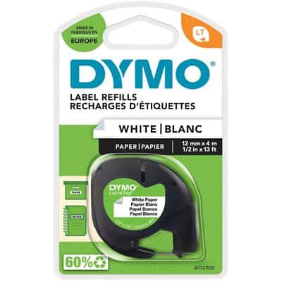 Dymo LT S0721510 / 91200 Authentic LetraTag Paper Label Tape Self Adhesive Black Print on White 12 mm x 4m