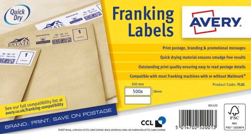 Avery FL01 Franking Labels Self Adhesive 140 x 38 mm White 500 Sheets of 2 Labels