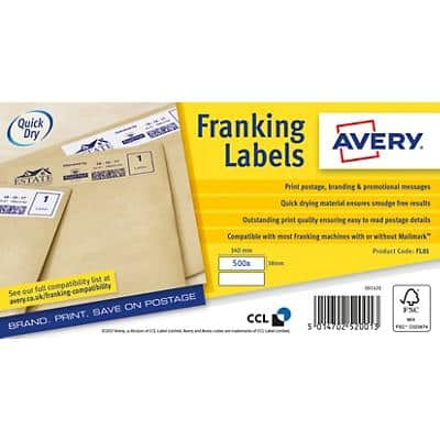 Avery FL01 Franking Labels Self Adhesive 140 x 38 mm White 500 Sheets of 2 Labels