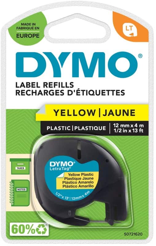 Dymo LT S0721620 / 91202 Authentic LetraTag Label Tape Self Adhesive Black Print on Yellow 12 mm x 4m
