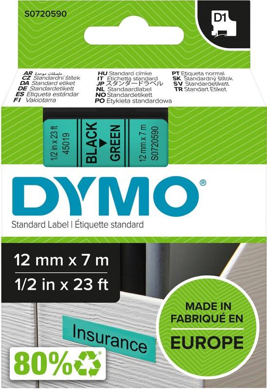 Dymo D1 S0720590 / 45019 Authentic Label Tape Self Adhesive Black Print on Green 12 mm x 7m