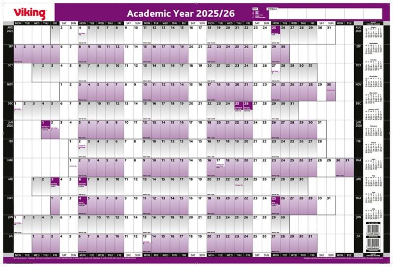 Viking Academic Year Planner 2026, 2027 English 96 (W) x 61 (H) cm Purple