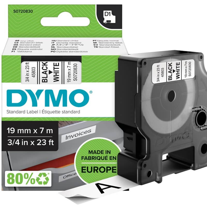 DYMO D1 Labelling Tape Authentic 45803 S0720830 Adhesive Black on White 19 mm x 7 m