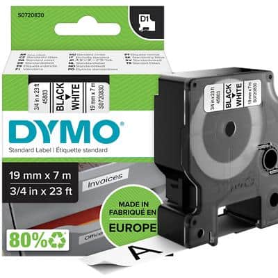 DYMO D1 Labelling Tape Authentic 45803 S0720830 Adhesive Black on White 19 mm x 7 m