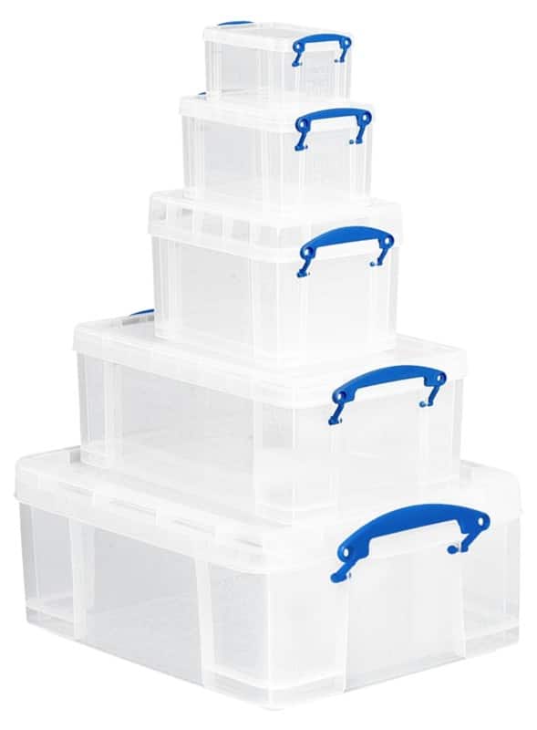 Really Useful Box Plastic Storage Set 1.1 / 0.7 / 1.6 / 3 / 9 and 18 Litre Pack of 5
