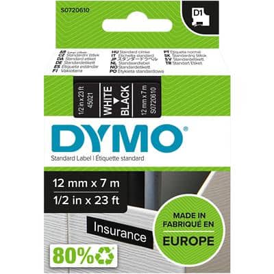 Dymo D1 S0720610 / 45021 Authentic Label Tape Self Adhesive White Print on Black 12 mm x 7m