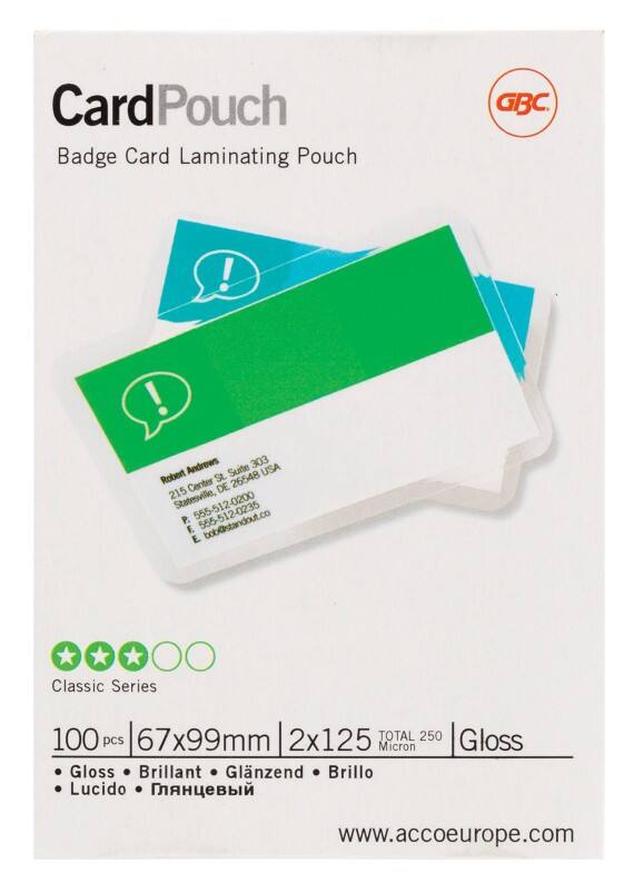 GBC Card Laminating Pouches Business Card & Credit Card Glossy 125 microns (2 x 125) Transparent Pack of 100