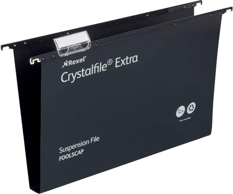 Rexel Crystalfile Heavy Duty Vertical Suspension File 3000081 Foolscap U Base 30 mm Black Polypropylene Pack of 25
