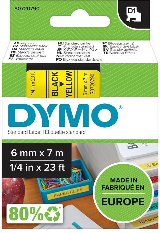 Dymo D1 S0720790 / 43618 Authentic Label Tape Self Adhesive Black Print on Yellow 6 mm x 7m