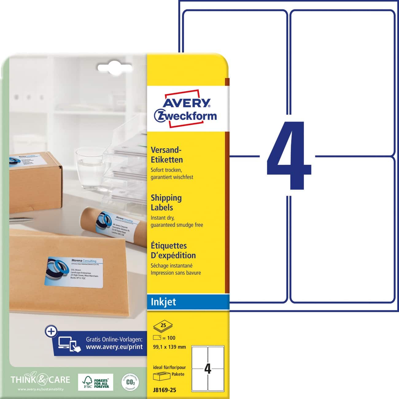 AVERY Zweckform Label 4317570 Adhesive A4 White 99.1 x 139 mm 25 Sheets of 4 Labels