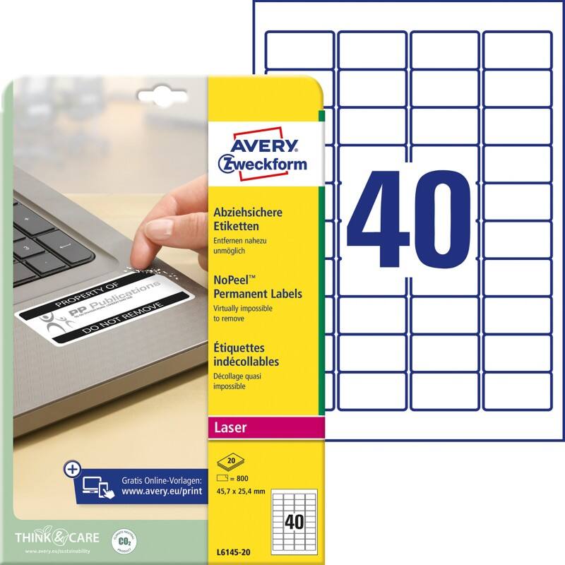 Avery NoPeel Permanent Labels Self Adhesive 45.7 x 25.4 mm White Rectangular 20 Sheets of 40 Labels