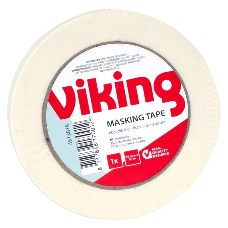 Viking Masking Tape White 25 mm (W) x 50 m (L) Crepe Paper Low Noise