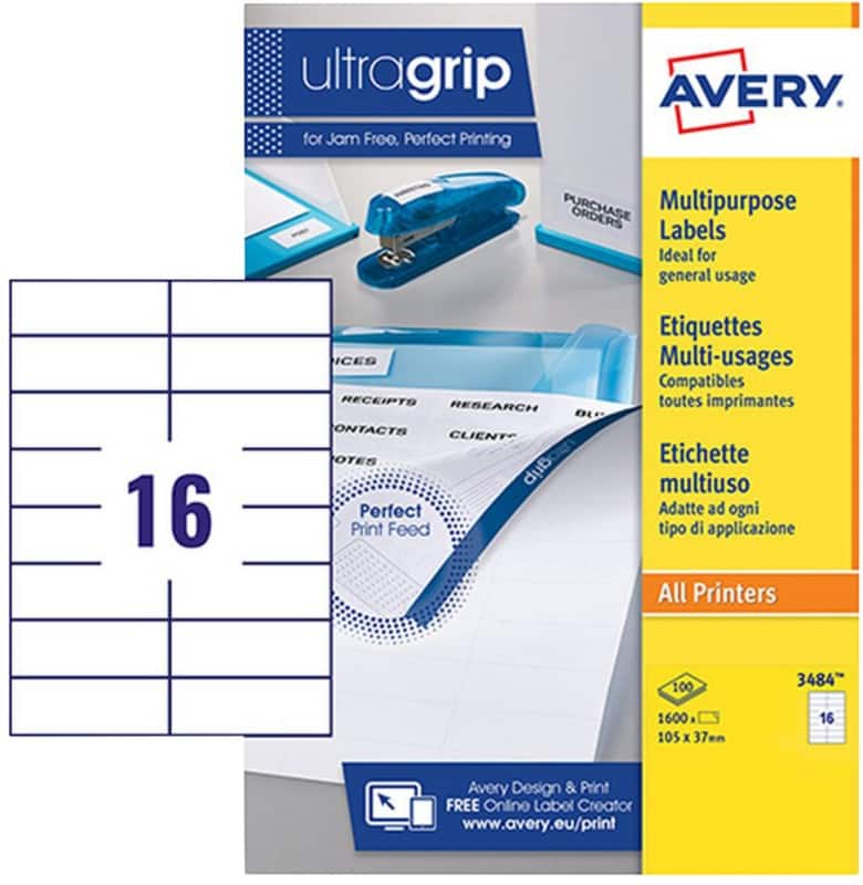 Avery 3484 Multipurpose Labels Self Adhesive 105 x 37 mm White Rectangular 100 Sheets of 16 Labels