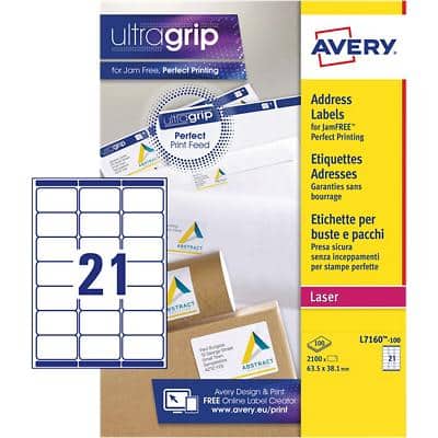 Avery L7160-100 Address Labels Self Adhesive 63.5 x 38.1 mm White 100  Sheets of 21 Labels