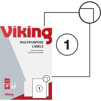 Viking Multipurpose Labels Self Adhesive 210 x 297 mm White 100 Sheets of 1 Label