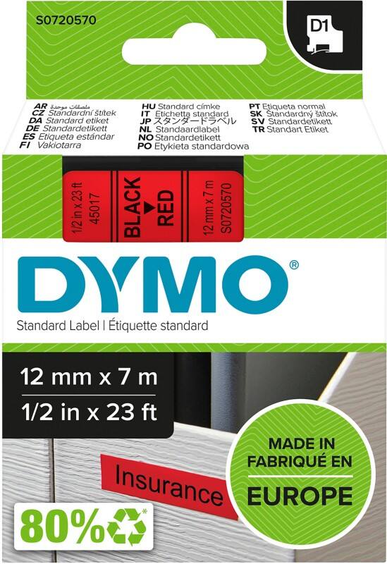 DYMO D1 Labelling Tape Authentic 45017 S0720570 Adhesive Black on Red 12 mm x 7 m