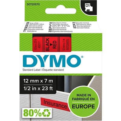 Dymo D1 S0720570 / 45017 Authentic Label Tape Self Adhesive Black Print on Red 12 mm x 7m