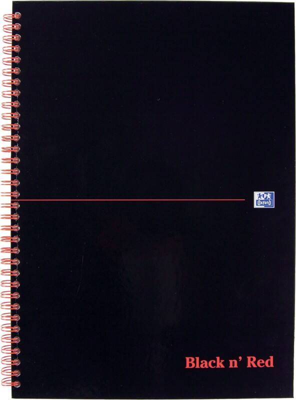 OXFORD Notebook Black n' Red A4 Ruled Spiral Bound Cardboard Hardback Black, Red Perforated 140 Pages 70 Sheets