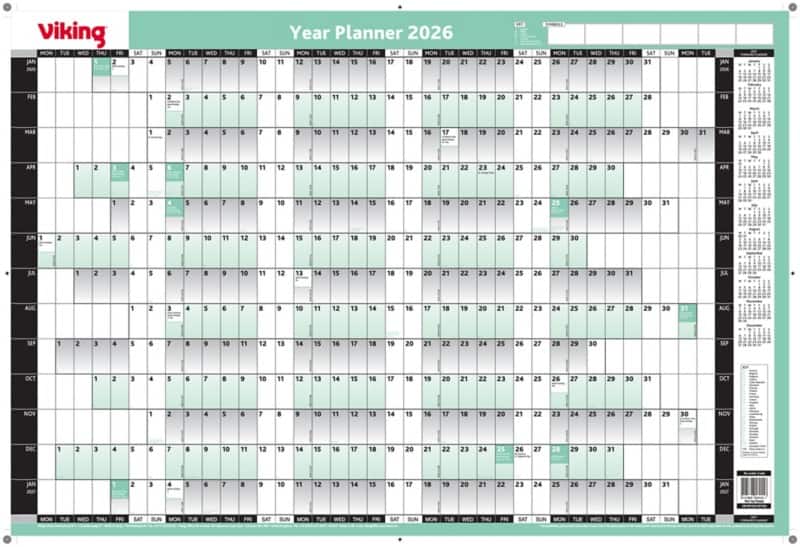 Viking Mini  Year Planner 2026, 2027 English 61 (W) x 40.5 (H) cm Green