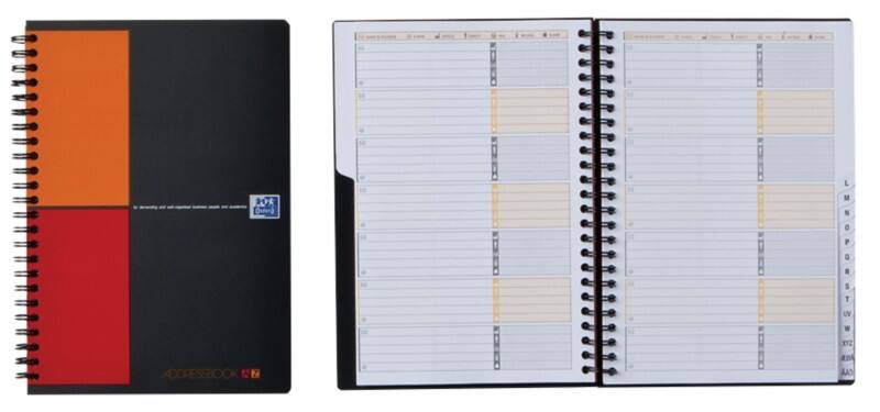 OXFORD Address Book International A5 Ruled Spiral Bound PP (Polypropylene) Hardback Black Perforated 160 Pages 80 Sheets