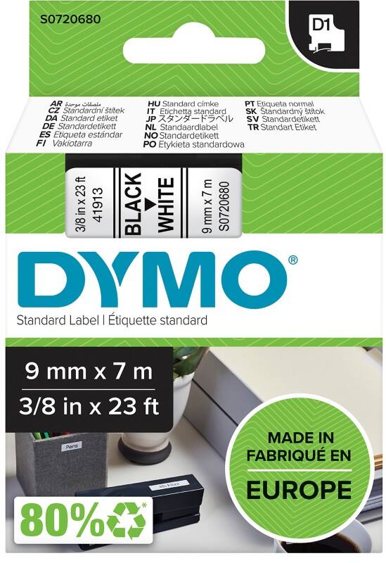 DYMO D1 Labelling Tape Authentic 40913 S0720680 Adhesive Black on White 9 mm x 7 m