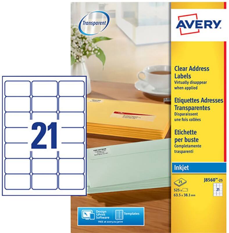 Avery J8560-25 Address Labels Self Adhesive 63.5 x 38.1 mm Clear 25 Sheets of 21 Labels