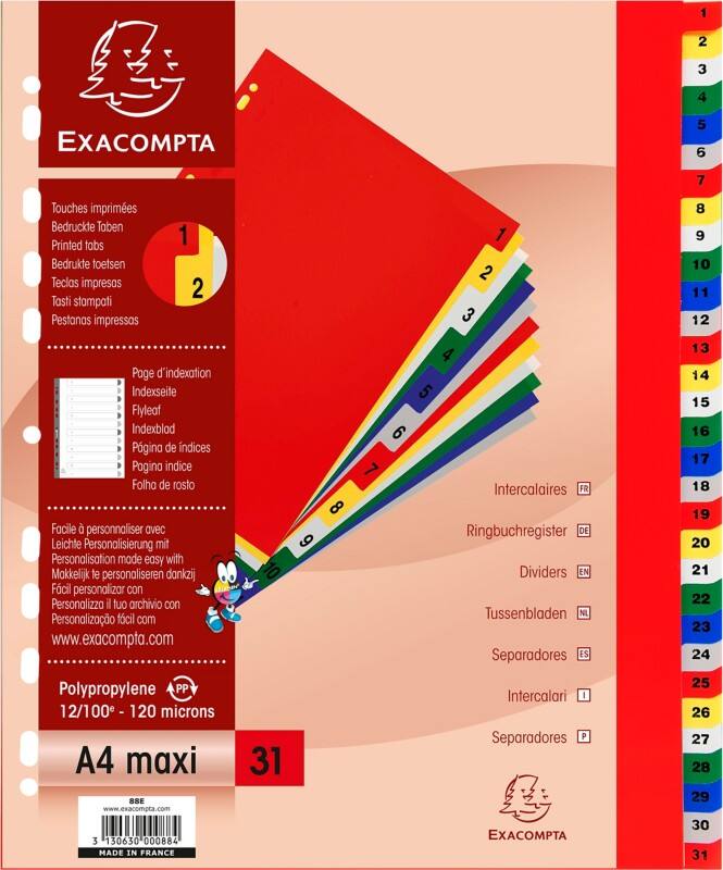 Exacompta 1 to 31 Numerical Dividers A4+ Assorted 31 Part PP (Polypropylene) 11 Holes 88E