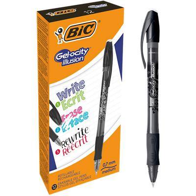 BIC Gel-ocity illusion Retractable Rollerball Pen Erasable Medium 0.4 mm Black Pack of 12
