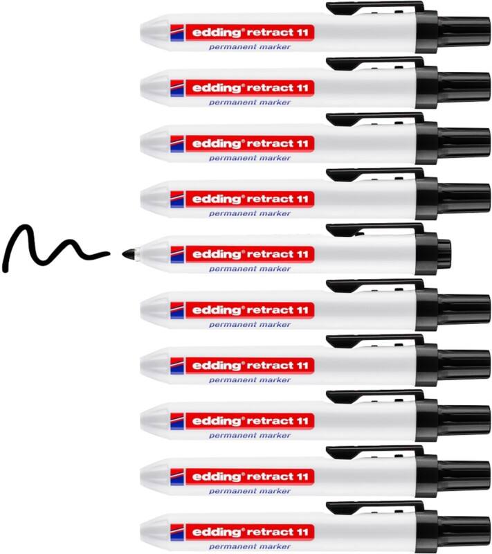 edding Retract 11 Permanent Marker Medium Bullet  -   Black Refillable Water-Resistant Pack of 10