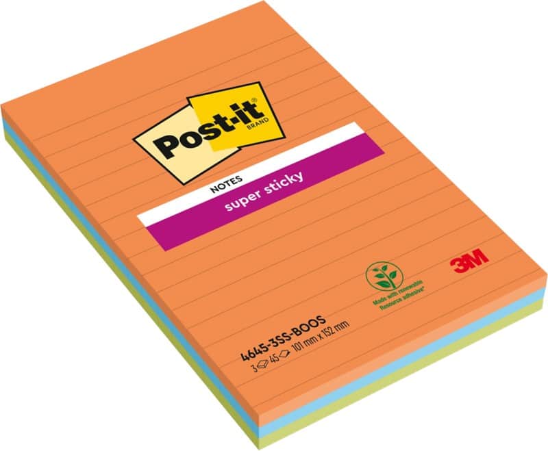 Post-it Super Sticky Notes 101 x 152 mm Assorted Rectangular Ruled 3 Pads of 45 Sheets