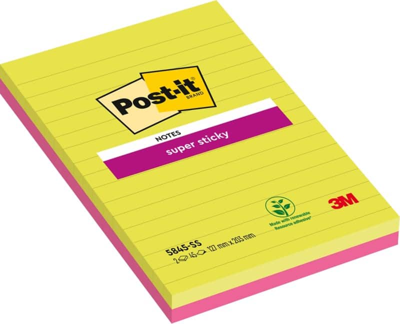 Post-it Super Sticky Notes 203 x 127 mm Assorted Rectangular Ruled 2 Pads of 45 Sheets