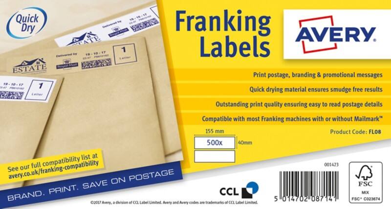 Avery FL08 Franking Labels Self Adhesive 155 x 40 mm White 500 Sheets of 2 Labels