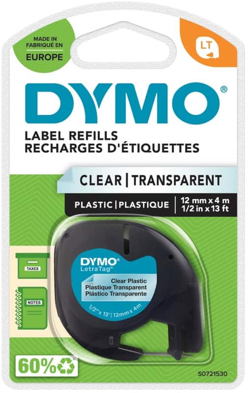 Dymo LT S0721530 Labelling Tape Black on Transparent 12 mm (W) x 4 m (L)