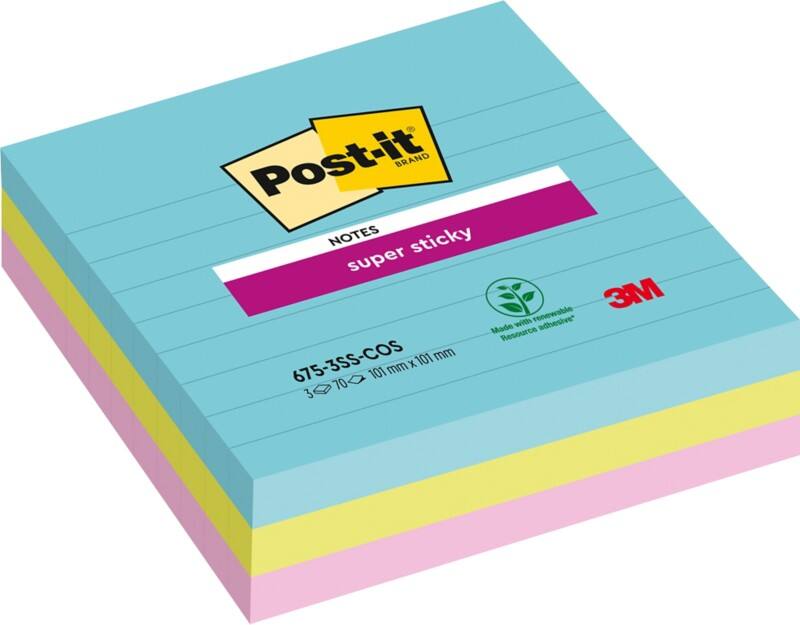 Post-it Miami Super Sticky Notes 101 x 101 mm Assorted Square Ruled 3 Pads of 70 Sheets