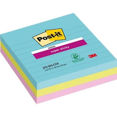 Post-it Miami Super Sticky Notes 101 x 101 mm Assorted Square Ruled 3 Pads of 70 Sheets
