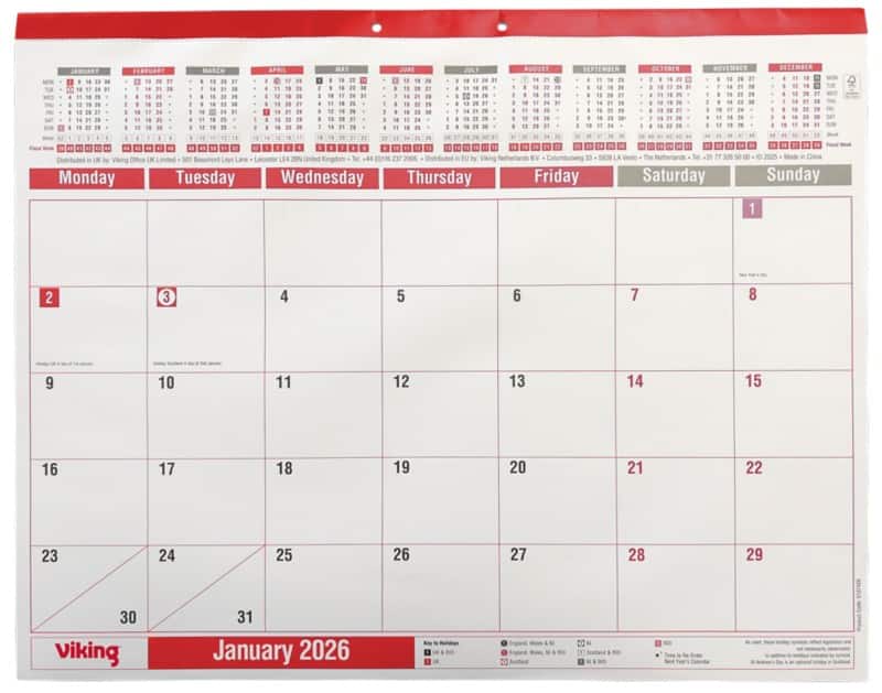 Viking Desk Calendar 2026 1 Month per page English 55 (W) x 43 (H) cm White