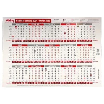 Viking Calendar A3 2024, 2025 1 Year per page Landscape Red, White English 42 x 29.7 cm