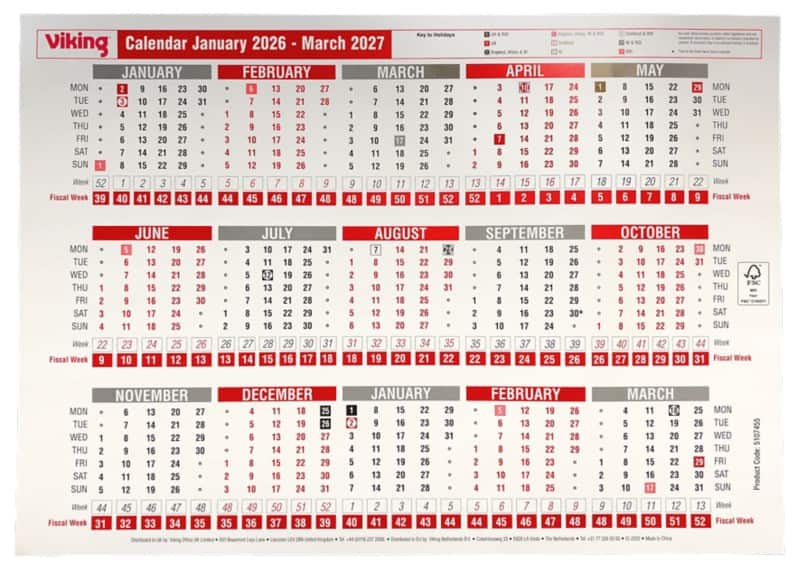 Viking Desk Calendar 2026, 2027 21 (W) x 14.8 (H) cm Red, White