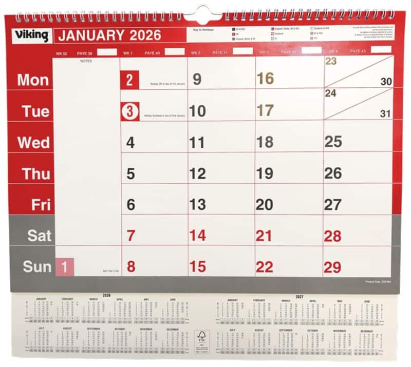 Viking Calendar 2026 1 Month per page 42 (W) x 37.3 (H) cm Red, White