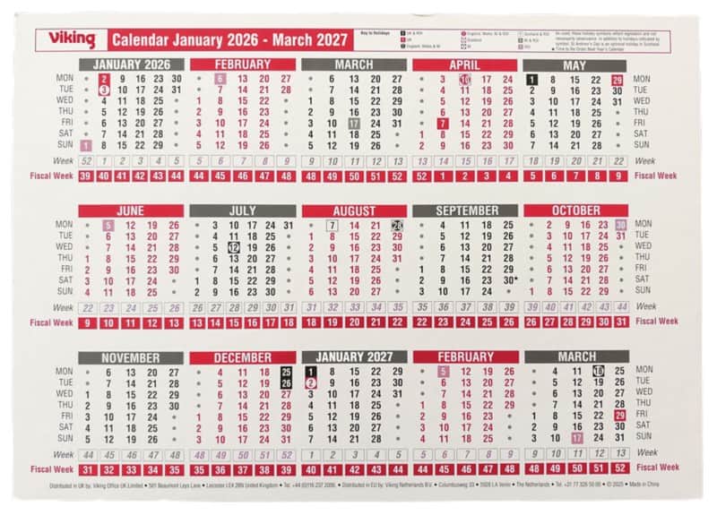 Viking Desk Calendar 2026, 2027 English 29.7 (W) x 21 (H) cm Red, White