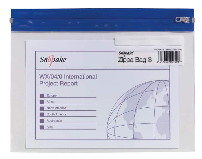 Snopake Zip Lock Bags A5 Zip PP (Polypropylene) Landscape 25.5 (W) x 19 (H) cm Blue