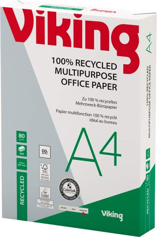 Viking 100% Recycled Bright-White A4 Printer Paper 80 gsm Smooth White 500 Sheets