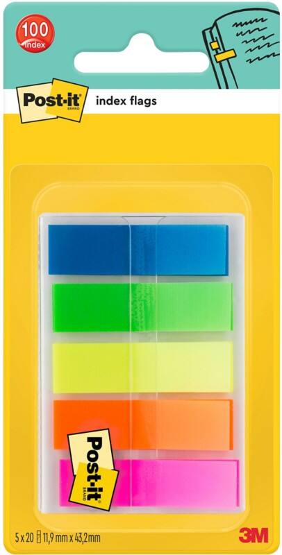 Post-it Index Flags Rectangular 1.19 x 4.32 cm Plain Assorted 683HF5 20 Strips Pack of 20