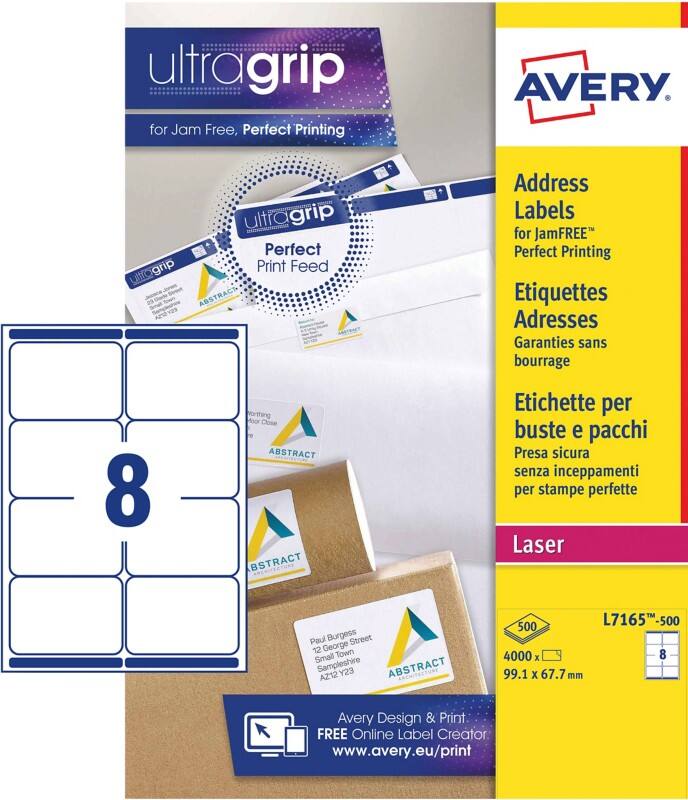 Avery L7165-500 Parcel Labels Self Adhesive 99.1 x 67.7 mm White 500 Sheets of 8 Labels