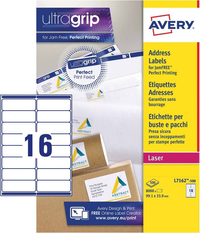 Avery L7162-500 Address Labels Self Adhesive 99.1 x 33.9 mm White 500 Sheets of 16 Labels