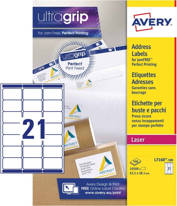 Avery L7160-500 Address Labels Self Adhesive 63.5 x 38.1 mm White 500 Sheets of 21 Labels