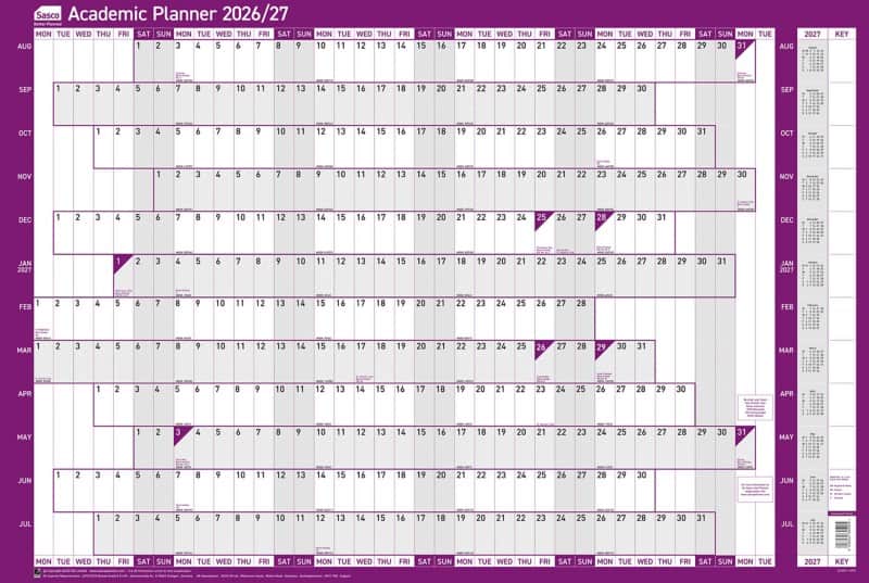 SASCO Academic   Year Planner 2026, 2027 English 91.5 (W) x 61 (H) cm Purple