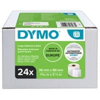 DYMO S0722390 13187 Address Label LW Authentic Self Adhesive Black on White 36 (W) x 89 (H) mm 24 Rolls of 260 Labels