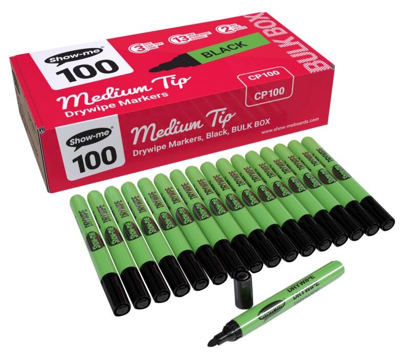 Show-me Drywipe Pen Black Medium Pack of 100